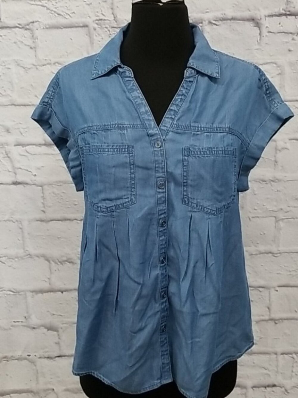 Style & Co PM Blue Chambray Denim Color Soft Lyocell Sleeveless Button Down Top